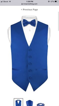 a blue vest with white shirt and bow tie on the front, and an image of a