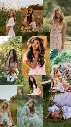 a collage of different women in dresses and flowers, including one woman sitting on the ground