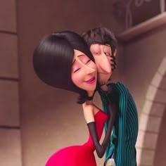 an animated image of a man and woman hugging each other in front of a building