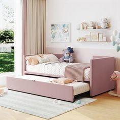 a child's bedroom with pink furniture and balloons on the wall, along with toys