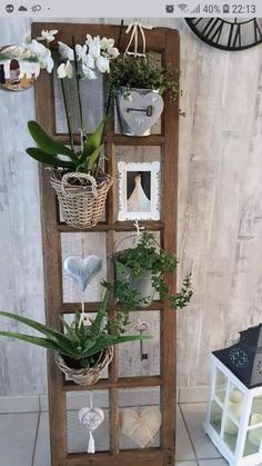 a wooden shelf filled with potted plants next to a white vase and planter