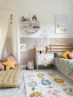 a child's bedroom with two beds and a rug