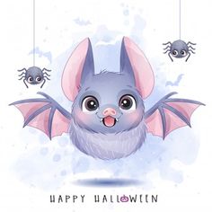 a cartoon bat hanging from strings with two bats in the sky behind it and happy halloween written below