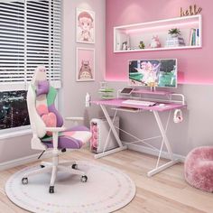 a child's bedroom with pink and white decor, including a computer desk and chair