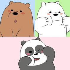 three cartoon bears with different expressions on their faces, one is holding his hands up