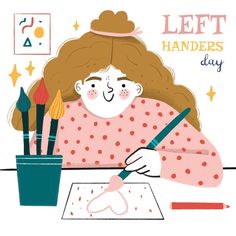 a girl is drawing with markers and paintbrushes on the paper that says let's handers day