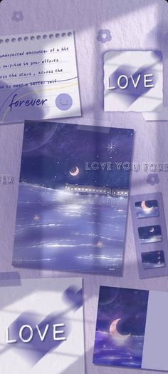 an image of some cards with the words love written on them and images of moon's in the sky