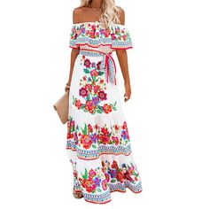 Description: Gender: Women Woman, Ladies Lady, Female Style: Women Summer Beach Dress, Women Sun Dress, Womens Strapless Off Shoulder Dress, Women Floral Maxi Dress, Women Swing Flared Dress, Women Flowy Dress, Women Vintage Dress, Women Elegant Dress Pattern Type: Floral Printed Color: Floral, Black Peony, Blue Peony, Red Flower (Optional) Size: S, M, L, XL, 2XL, 3XL (Follow the size chart to select please) Material: 65%Polyester, 35%Cotton Neckline: Off Shoulder Dress Length: Maxi Sleeve Lengt Flowy Maxi Skirts, Line Dresses, Mexican Dresses, High Waist Dress, Printed Long Dresses, A Line Dresses, Maxi Robes, Floral Print Maxi Dress, Floral Print Maxi