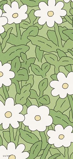 a bunch of flowers that are on a green background with white and yellow dots in the center