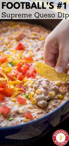 a hand dipping a tortilla chip into a bowl of quesadilla dip