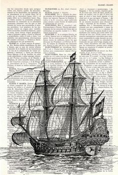 an old book page with a ship on it