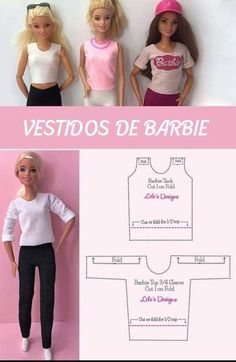 three barbie dolls in different outfits and the words vestos de barbie written on them