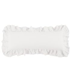 a white pillow with ruffles on the front and back of it, against a white background