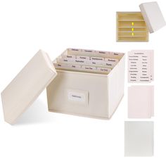 a white box containing several different types of business cards and envelopes with labels on them