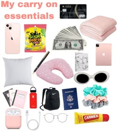 the contents of a travel bag are arranged on a white background with text that reads, my carry on essentials