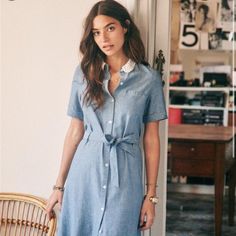 Perfect Summery Shirt Dress From Sezane When You Need Something To Wear To The Office Then Out To Drinks Afterwards :) Flattering Chambray Material With Lace Collar. Hits Right Below The Knee. ***Forgot To Include The Original Belt In The Photos Of The Actual Dress But It Will Ship With The Dress! - Short Sleeves - Contrasting Lace Collar - Detachable Belt - Buttons Down The Front - Length From The Shoulder 45.6 Inches / 116 Cm (For A Size 38) 60% Cotton, 20% Lyocell, 20% Linen Made In Portugal Rocio Crusset, Blush Pink Bridesmaids, Blush Pink Bridesmaid Dresses, Pink Bridesmaid Dresses, Office Outfit, Island Beach, Lace Collar, Midi Maxi Dress, Red Mini Dress