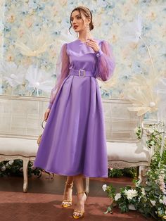 Chinese Fancy Dress, Satin Dresses Long Sleeve, Frock For Women, Violet Dresses, Sunday Dress, Fancy Dresses Long, Trendy Dress Outfits, Lavender Dresses, Smart Dress