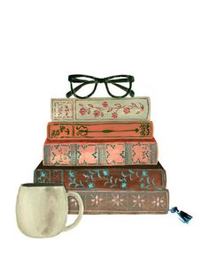 a stack of books with glasses and a mug on top, sitting next to each other