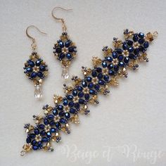 a pair of blue and gold beaded earrings