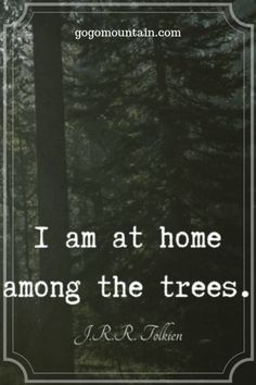 a forest filled with lots of trees and a quote on the bottom that says, i am at home among the trees