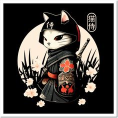 Show your love for Japanese art, samurai ninja kitten warriors and cats with this Samurai Ninja Cat shirt for women, men teens and kids. The stunning graphic in vintage Japanese samurai style, shows a Japanese cat with a sword of the samurai surrounded by flowers, the moon and the Japanese lettering - Samurai Cat 猫 侍. -- Choose from our vast selection of art prints and posters to match with your desired size to make the perfect print or poster. Pick your favorite: Movies, TV Shows, Art, and so m Samurai Cat Tattoo, Asian Suit, Japanese Lettering, Samurai Style, Samurai Ninja, Japanese Art Samurai, Ninja Cats, Surrounded By Flowers, Japanese Cat