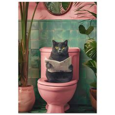 a black cat sitting on top of a pink toilet reading a newspaper next to potted plants