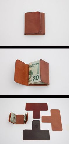 three different types of leather wallets with money sticking out of the front and back