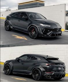 two different cars side by side in front of a white wall and one black car with red