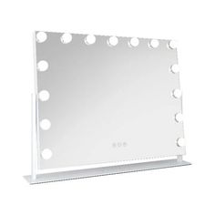 a white vanity mirror with light bulbs on the top and bottom edge, in front of a white background