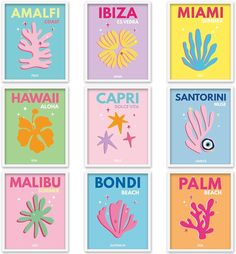 six different types of posters with the words hawaii and other tropical animals in various colors