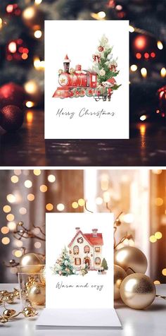 two christmas cards with the words merry christmas written on them, and an image of a house