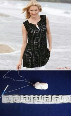 an image of a woman in black and white dress with knitting needles on the beach