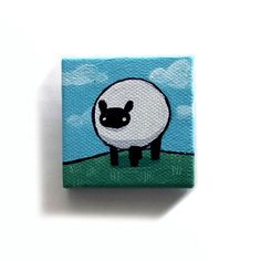 a painting of a sheep on a green field