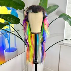 Gorgeous Custom Mullet With Rainbow Highlights Wig Created By One Of The Wig Designers Used On Rupauls Drag Race . Perfect For Pride! One Size Fits All. Brown Mullet, Mullet Wigs, Rene Of Paris Wigs, Rainbow Highlights, Dreadlock Wig, Mullet Wig, Halo Extensions, Highlights Color, Long Hair Wigs