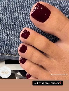 Cherry red press on toe nails🍷❤️ All of my press on toe nail sets include-  *x20 high quality & reusable nails (x2 of each size) *Glue for long term wear. *Cuticle pusher * Nail file *Instructions on how to apply professionally. Pedicure Inspo 2023, 2023 Nail Trends Pedicure, Red Wine Toe Nails, Nails Color For Winter, Dark Red Toes Pedicure, Winter Toe Nails 2024, Wine Red Toe Nails, Dark Red Pedicure Toenails, Dark Color Pedicure