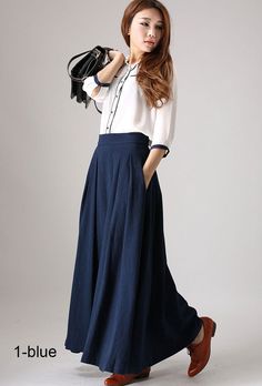 "Wear everywhere navy maxi skirt from Xiaolizi. The linen skirt in a high-rise construction + flowing silhouette. The circle skirt topped with a banded waist + right zipper closure. The full skirt finished with pleating details. DETAIL * More colors select from No. 4 photo https://etsy.me/3zZDRrH * 50% Linen, 50% Cotton * No Lining * Two pockets * Hidden zipper in the right side * Pleated detail to the waist * Maxi Linen skirt * Ankle length * Perfect for spring and summer, autumn * wash by hand Long Linen Skirt, Modern Skirt, Engagement Photo Outfits Fall, Skirts Long, Navy Blue Skirt, Womens Tops Dressy, High Waisted Maxi Skirt, Womens Skirts, Women Fashion Edgy