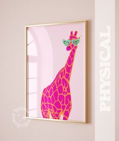 a pink giraffe with green glasses on it's head is framed in a gold frame