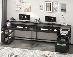 two desks with numbered numbers on them in front of a white and gray wall