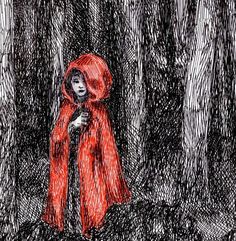 a drawing of a woman in a red cloak standing in the woods with her hands on her hips