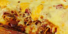 a cheesy casserole dish with meat and cheese