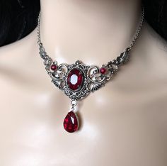 Dark Ruby Red/garnet Gothic Antique Silver Filigree Victorian Wedding Bridal Necklace Choker Pendant Elven Elvish Elf Medieval Renaissance - Etsy Red Gothic Necklace For Formal Occasions, Red Intricate Design Necklace For Party, Red Necklace With Intricate Design For Party, Party Red Necklace With Intricate Design, Red Metal Filigree Jewelry, Gothic Wedding Necklaces With Jewels, Ornate Red Wedding Necklaces, Gothic Antique, Ornate Necklace