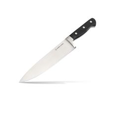 a large knife with a black handle on a white background