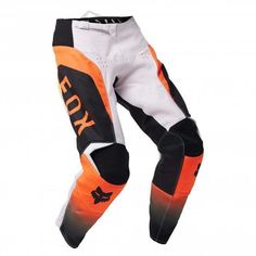 an orange and black pants with the words fox on it