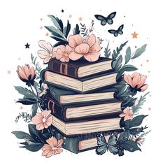 a stack of books with flowers and butterflies