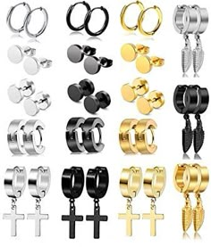 JEWPARK 18 Pairs 316L Stainless Steel Dangle Earring for Men Women Cool Punk Eboy Stud Earring Set Earring For Men, Stainless Steel Cross Pendant, Cross Earrings Studs, Hoop Earring Sets, Men Earrings, Cross Earrings, Stainless Steel Pendant, Girly Jewelry, Stud Earrings Set