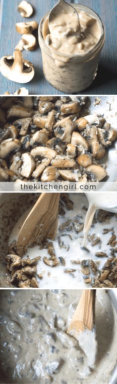 mushrooms being cooked in a skillet and then stirred with milk to make mushroom soup