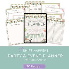 the printable party and event planner is shown in three different colors, including green