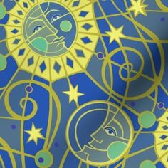 an image of a blue and yellow background with stars, moon and woman's face