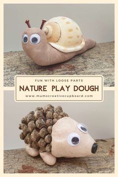 two pictures with the words nature play dough on them and an image of a snail