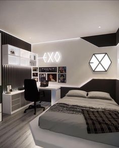 a modern bedroom with white and black decor